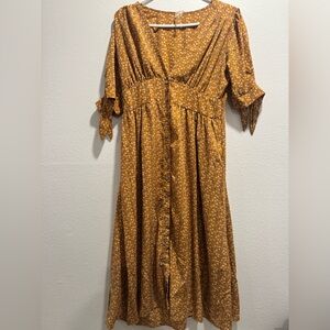 Elegant Mustard Floral Midi Dress